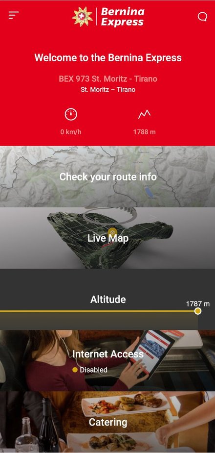 Bernina Express app - welcome and live journey