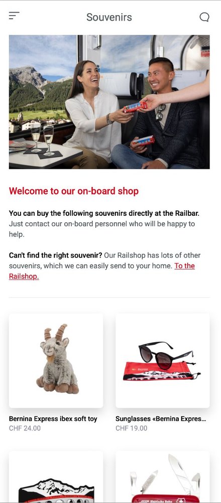 Bernina Express app - onboard souvenir shop